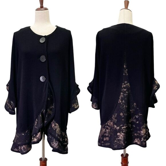 Vintage Ali Miles Lagenlook Ruffle Trim Black & Gold Jacket Topper Size Large - Picture 1 of 15